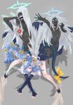  1girl absurdres all_fours artist_logo big_hair black_gloves blue_hair bow braid cloak commentary_request dizzy_(guilty_gear) elbow_gloves fingerless_gloves flats floating_hair flower gloves grey_background guilty_gear guilty_gear_strive hair_flower hair_ornament halo highres logo long_hair long_sidelocks necro_(guilty_gear) pose_request queen_dizzy red_eyes ribbon sidelocks simple_background single_braid solo spiked_halo tail tail_bow tail_ornament tail_ribbon torokkotoo undine_(guilty_gear) very_long_hair white_cloak white_flower yellow_flower yellow_ribbon 