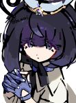  1girl blue_gloves bob_cut from_above frown gloves gwynn_(pokemon) harurie highres looking_up medium_hair mega_stone pokemon purple_eyes purple_hair solo upper_body white_background 