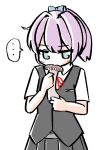  ... 1girl blue_eyes collared_shirt commentary_request dress_shirt enoki_mushroom grey_skirt grey_vest kantai_collection pleated_skirt ponytail purple_hair shiranui_(kancolle) shirt short_hair simple_background skirt smelling solo spoken_ellipsis tatahai vest white_background white_shirt 