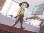  1girl absurdres black_thighhighs blue_flower blue_rose buttons cat-quest-sun collared_shirt crossed_legs curtains diamond_button dutch_angle flower frilled_shirt_collar frilled_skirt frilled_sleeves frills full_body green_eyes green_hair green_skirt highres indoors komeiji_koishi long_sleeves looking_at_viewer non-web_source on_bed page_number picture_frame pillow rose shirt short_hair sitting skirt solo thighhighs third_eye touhou wide_sleeves window yellow_shirt 
