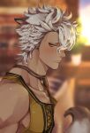  1boy absurdres blurry blurry_background blush brown_vest collarbone commentary_request grey_hair highres jack_howl jewelry light_particles male_focus meguo_(guyutyankani) necklace short_hair solo tail twisted_wonderland upper_body vest wolf_boy wolf_tail yellow_eyes 