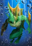  1boy air_bubble blue_eyes bubble claws closed_mouth colored_skin darkstalkers dorsal_fin fins full_body furry green_skin head_fins highres light_rays looking_at_viewer male_focus merfolk merman minokichi_(arufooto25) monster_boy rikuo_(darkstalkers) solo swimming underwater webbed_hands 