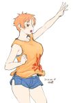  1girl arm_up bare_shoulders blue_bra bra brown_eyes collarbone commentary_request dated forehead legs light_blush nose open_mouth orange_hair orange_shirt original print_shirt shirt short_hair short_shorts shorts simple_background sleeveless solo t-shirt teeth thighs tongue tsukudani_(coke-buta) tsurime-chan underwear upper_teeth_only white_background 