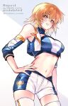  1girl bare_shoulders blonde_hair bob_cut breasts cagalli_yula_athha commentary_request covered_groin cropped_jacket cropped_legs detached_collar detached_sleeves double-parted_bangs fingernails gundam gundam_seed hair_between_eyes hand_on_own_hip jacket long_fingernails looking_at_viewer medium_breasts midriff minakami_monaka multicolored_jacket navel parted_lips race_queen short_hair shorts simple_background sleeveless sleeveless_jacket smile solo strapless tank_top thighhighs tube_top twitter_username two-tone_background two-tone_jacket two-tone_shorts two-tone_tube_top upper_body white_background white_thighhighs yellow_eyes 