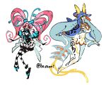  2girls antennae black_gloves blue_hair bug butterfly facial_mark frilled_sleeves frills full_body gloves green_eyes harurie highres long_hair multicolored_hair multiple_girls original pink_hair sea_slug striped_clothes striped_thighhighs thighhighs twintails 