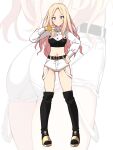  1girl ass belt black_belt black_boots black_corset blonde_hair blue_eyes boots breasts buttons corset fingerless_gloves full_body gakuen_idolmaster gloves hand_on_own_hip hand_up highres idolmaster juo_sena knee_boots legs light_blush long_hair long_sleeves looking_at_viewer medium_breasts midriff multicolored_hair official_alternate_costume parted_bangs pink_hair shirt shorts sidelocks single_glove smile solo thighs two-tone_hair uccow v-shaped_eyebrows wavy_hair white_background white_shirt white_shorts zoom_layer 