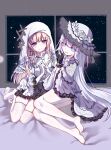  2girls absurdres atai_(56874442) barefoot blonde_hair blue_eyes bonnet chinese_commentary commentary_request dress frilled_dress frills gloves gothic_lolita hat highres hikami_meruru lolita_fashion long_hair mahou_shoujo_no_majo_saiban multiple_girls night one_eye_closed sitting smile spoilers thighhighs tsukishiro_yuki white_hair window 