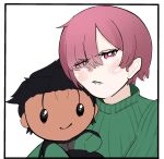  1girl black_hair blush brown_eyes character_doll commentary_request doll eyes_visible_through_hair green_sweater hair_between_eyes hair_over_one_eye highres holding holding_stuffed_toy looking_at_viewer mini_person miniboy natsuki_subaru pink_hair ram_(re:zero) re:zero_kara_hajimeru_isekai_seikatsu red_eyes ribbed_sweater shockerdoc5261 short_hair simple_background solo striped_clothes striped_sweater stuffed_toy sweater turtleneck turtleneck_sweater upper_body white_background 