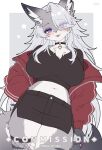  1girl animal_ear_fluff animal_ears animal_nose black_choker black_shirt black_skirt blue_eyes blush border breasts choker commentary commission crop_top curtained_hair english_commentary fangs fishnet_thighhighs fishnets furry furry_female grey_background grey_fur hair_over_one_eye highres jacket large_breasts legs_together looking_at_viewer miniskirt mo_(k40633) navel open_clothes open_jacket open_mouth original red_jacket shirt signature single_thighhigh skirt snout solo star_(symbol) tail teeth thighhighs thighs two-tone_fur white_border white_fur white_hair wolf_ears wolf_girl wolf_tail 
