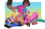 abstract_background ageplay american_opossum anthro big_diaper biped black_clothing black_footwear black_socks blue_body blue_clothing blue_footwear blue_socks bodily_fluids brown_body brown_fur brown_hair canid canine canis clothed clothing coyote daire daire301 diaper diaper_snoofing digital_media_(artwork) duo eyewear facesitting footwear fur genital_fluids glasses hair hi_res infantilism long_tail male male/male mammal marsupial pink_body pink_clothing pink_diaper pink_fur pink_shirt pink_topwear purple_nose roleplay rolf_(rolfthewhatever) shirt simple_background sitting sitting_on_another socks star_symbol tail topwear unclean_diaper urine used_diaper virginia_opossum wearing_diaper wet_diaper