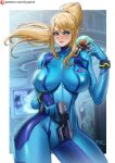  1girl 2024 blonde_hair blue_bodysuit blue_eyes blush bodysuit border bracelet breasts breasts_apart closed_mouth commentary contrapposto covered_nipples cowboy_shot english_commentary floating_hair gun handgun high_ponytail holding holding_gun holding_weapon indoors jewelry kyopink large_breasts long_hair looking_at_viewer metroid metroid_(creature) mole mole_under_mouth nose_blush on_shoulder outside_border patreon_logo patreon_username ponytail samus_aran science_fiction smirk solo super_smash_bros. thick_thighs thighs v-shaped_eyebrows weapon white_border wide_hips zero_suit 