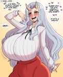  1girl aged_up blush boku_no_hero_academia breasts commentary dress english_commentary eri_(boku_no_hero_academia) gradient_background grey_hair heart highres horns large_breasts long_hair long_sleeves open_mouth orange_background red_eyes red_skirt saltyxodium shirt skirt solo sweat 