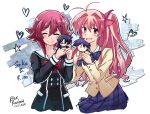  2boys 2girls black_dress black_jacket blazer bluerainbowart blush bow bowtie brown_jacket chaos;child chaos;head character_doll chest_bow closed_eyes cropped_jacket doll dress dress_shirt glasses hekiho_academy_school_uniform holding holding_doll jacket long_hair long_sleeves miyashiro_takuru multiple_boys multiple_girls nishijou_takumi one_side_up onoe_serika open_mouth pink_hair plaid_bow plaid_bowtie plaid_clothes plaid_skirt pleated_skirt red_bow sailor_collar sakihata_rimi school_uniform science_adventure shirt short_hair_with_long_locks skirt suimei_academy_school_uniform white_sailor_collar winter_uniform 