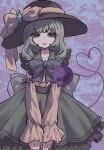  1girl atai_(56874442) blush bow chinese_commentary commentary_request dress frilled_dress frills grey_hair hat_ornament heart highres komeiji_koishi large_hat long_sleeves open_mouth purple_background short_hair third_eye touhou 