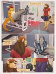 anthro athletic_wear barefoot beard blue_bottomwear blue_clothing blue_footwear blush blush_lines bottomwear brown_body brown_hair brown_mane bulge clothed clothing comic detailed_bulge dialogue dragon dumbbell duo eastern_dragon english_text erection erection_under_clothing exercise facial_hair feet felid footwear fully_clothed fur genital_outline grey_bottomwear grey_clothing grey_pants gym hair hi_res holding_object horn inside lion male male/male male_anthro mammal mane mirror muscular muscular_anthro muscular_male mythological_creature mythological_scalie mythology pantherine pants penis_outline purple_bottomwear purple_clothing red_clothing red_hair red_shirt red_topwear scales scalie shirt shoes shorts sitting sneakers speech_bubble sportswear standing sweatpants tail tail_tuft tan_body tan_fur tank_top text thaz_(artist) thaz_(character) thinking thought_bubble toes topwear tuft weights white_clothing white_horn white_shirt white_topwear window yellow_body yellow_fur yellow_scales