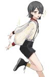  1girl ankle_socks black_hair black_pants black_shoes black_shorts brown_eyes brown_socks collar fate/grand_order fate_(series) hair_over_one_eye highres long_sleeves looking_at_viewer mole mole_under_eye open_mouth pants puffy_sleeves red_collar shirt shoelaces shoes short_hair shorts simple_background sleeve_cuffs socks solo sparkle striped_clothes striped_shirt suspenders tomina_1037 vertical-striped_clothes vertical-striped_shirt white_background white_shirt xu_fu_(fate) 