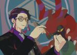  1058hoshi 1boy absurdres black_jacket commentary corbeau_(pokemon) eyewear_strap glasses highres holding holding_smoking_pipe jacket long_sleeves male_focus necktie parted_lips pokemon pokemon_legends:_z-a round_eyewear scolipede sideburns smoking_pipe undercut white_necktie yellow_eyes 
