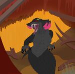anthro black_body black_claws black_fingernails black_nails black_scales bottomless bottomless_anthro bottomless_female breasts capcom casual_nudity claws clothed clothing colored_nails fanged_wyvern fangs featureless_breasts featureless_chest female female_anthro fingernails forked_tongue genitals girros great_girros grey_body grey_scales hi_res looking_at_viewer monster_hunter nails nude open_mouth open_smile pink_frill pupils red_eyes rotten_vale scales sharp_teeth slit_pupils smile solo teeth therealmessyroomguy1 tongue tongue_out vulva