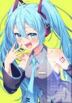  1girl bare_shoulders blue_eyes blue_hair blue_necktie blush breasts grey_vest hatsune_miku highres kisuke_(nie) long_hair nail_polish necktie open_mouth simple_background small_breasts solo tattoo twintails vest vocaloid watermark 