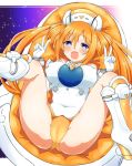  blue_eyes blush bodysuit commentary_request covered_navel covered_nipples double_v kuzukiriko looking_at_viewer neptune_(series) open_mouth orange_hair orange_heart power_symbol sitting spread_legs symbol_in_eye thighs v 