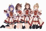  4girls :d ;d absurdres ahoge black_boots blue_eyes boots brown_eyes brown_hair closed_eyes closed_mouth crown double_v double_w green_eyes hair_bun highres idolmaster idolmaster_million_live! idolmaster_million_live!_theater_days jacket kinarurikinari kitazawa_shiho kneeling long_hair long_sleeves looking_at_viewer mini_crown mochizuki_anna multiple_girls official_alternate_costume one_eye_closed overskirt plaid_clothes plaid_jacket ponytail purple_hair re_prologue_x_(idolmaster) red_jacket satake_minako sidelocks simple_background single_hair_bun skirt smile tenkubashi_tomoka v w white_background white_jacket white_overskirt white_skirt 