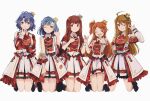  5girls :d ;) ;d absurdres ahoge black_boots blue_hair boots brown_hair closed_mouth crown hand_up highres idolmaster idolmaster_million_live! idolmaster_million_live!_theater_days jacket kinarurikinari kneeling long_hair long_sleeves looking_at_viewer mini_crown multiple_girls nanao_yuriko official_alternate_costume ogami_tamaki one_eye_closed one_side_up open_mouth orange_hair overskirt plaid_clothes plaid_jacket re_prologue_x_(idolmaster) red_hair red_jacket short_hair simple_background skirt smile tanaka_kotoha tokoro_megumi toyokawa_fuka w white_background white_jacket white_overskirt white_skirt 