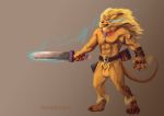  animal_genitalia anthro balls claws clothed clothing dampfloque digimon feline gradient_background holding_object holding_weapon leomon male mammal melee_weapon mostly_nude muscular muscular_male open_mouth pubes sheath signature simple_background solo standing sword weapon 