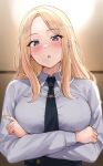  blonde_hair blue_eyes blush breasts commentary_request crossed_arms gakuen_idolmaster hatsuboshi_gakuen_school_uniform highres idolmaster juo_sena large_breasts long_hair looking_at_viewer necktie school_uniform shiitake_taishi shirt white_shirt 