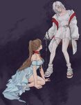  2girls ariel_(path_to_nowhere) bandaid bandaid_on_face bandaid_on_forehead bare_shoulders belt blue_dress blue_shoes brown_hair chain chain_leash collar dress high_ponytail holding holding_leash jacket jrnc23 leash long_hair mask medium_hair multiple_girls o-ring o-ring_thigh_strap path_to_nowhere ponytail purple_background red_collar see-through_clothes see-through_mask shirt shoes thigh_strap very_long_hair victoria_(path_to_nowhere) white_belt white_eyes white_hair white_jacket white_shirt white_shoes 