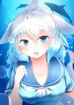  :d absurdres air_bubble blue_eyes blue_hair blush bubble collarbone commentary_request common_bottlenose_dolphin_(kemono_friends) dolphin dolphin_tail eyes_visible_through_hair fins gradient_hair hair_between_eyes highres kanzakietc kemono_friends long_hair looking_at_viewer multicolored_hair open_mouth sailor_collar short_sleeves smile solo underwater upper_body white_hair 