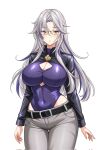  1girl :o belt black_belt blue_hair blush borrowed_character breasts cleavage cleavage_cutout clothing_cutout commentary_request commission covered_navel cowboy_shot glasses grey_hair grey_pants highres jacket large_breasts leotard long_hair long_sleeves looking_at_viewer multicolored_hair orange_eyes original pants parted_lips purple_hair purple_leotard red-framed_eyewear satou_terumasa second-party_source semi-rimless_eyewear shrug_(clothing) simple_background skeb_commission solo streaked_hair thigh_gap white_background yuril_sylvion 