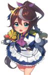  1girl absurdres animal_ears ascot blue_eyes blush breasts brown_hair buttons cape commentary_request double-breasted epaulettes gloves hair_between_eyes highres horse_ears horse_girl horse_tail jacket long_hair long_sleeves looking_at_viewer misonikomi multicolored_hair multicolored_jacket open_mouth pink_ascot ponytail red_cape simple_background single_epaulette single_hair_streak skirt small_breasts solo streaked_hair tail tokai_teio_(peak_joy)_(umamusume) tokai_teio_(umamusume) two-tone_hair two-tone_jacket two-tone_skirt umamusume white_background white_gloves white_hair white_jacket white_skirt white_streaks 