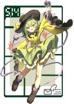  1girl :d absurdres black_boots black_hat boots chinese_commentary commentary_request dated frilled_skirt frills full_body green_eyes green_hair green_skirt hat highres kele_mimi komeiji_koishi long_sleeves open_mouth phone ribbon shirt sketch skirt smile solo third_eye touhou transparent_background wide_sleeves yellow_shirt 