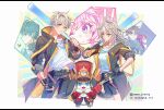  3boys 3girls :d ahdqkd_112 ahoge baseball_bat black_border black_coat black_gloves black_jacket blue_eyes bob_cut border caelus_(honkai:_star_rail) camera clenched_hand coat commentary_request curtained_hair dan_heng_(honkai:_star_rail) double-parted_bangs fingerless_gloves glasses gloves green_hair grey_hair hair_between_eyes hand_on_own_hip hat highres himeko_(honkai:_star_rail) holding holding_baseball_bat honkai:_star_rail honkai_(series) hood hooded_coat instagram_logo instagram_username jacket korean_commentary lapels leaf long_hair looking_at_viewer maple_leaf march_7th_(honkai:_star_rail) multicolored_eyes multiple_boys multiple_girls open_clothes open_coat open_mouth parted_bangs pink_hair pom-pom_(honkai:_star_rail) red_hair red_hat shako_cap shirt short_hair sidelocks smile stelle_(honkai:_star_rail) t-shirt tied_jacket trailblazer_(honkai:_star_rail) twitter_username twitter_x_logo two-sided_coat two-sided_fabric two-sided_jacket two-tone_eyes v welt_yang white_shirt yellow_coat yellow_eyes 