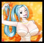  1girl bare_arms bare_shoulders blue_hair breasts dress earring jewelry large_breasts long_hair nail_polish necklace nefertari_vivi one_eye_closed one_piece open_mouth pink_nails ponytail smile solo teeth tied_hair tongue white_dress wink 