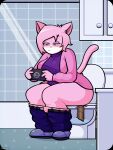 aeris_(vg_cats) anthro bathroom belt big_butt blush bottomwear butt cabinet clothed clothing digital_media_(artwork) domestic_cat feces felid feline felis female footwear gaming glass hair hi_res mammal narrowed_eyes overshirt panties panties_down pants partially_clothed playing_video_game pooping shirt shoes shower sillynamie sink solo squint squinted_eyes tail toilet toilet_use topwear undershirt underwear underwear_down vg_cats x-ray_view