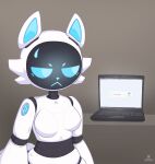 >:< 2025 annoyed anthro anthrofied artist_logo bellabot black_face blue_eyes blue_inner_ear blue_mouth blue_nose bodily_fluids breasts brown_background captcha cel_shading cheek_tuft computer domestic_cat electronics facial_tuft featureless_breasts felid feline felis female for_a_head glowing glowing_eyes half-length_portrait hi_res ka-t laptop logo looking_at_object machine mammal medium_breasts object_head portrait pudu_robotics razgrizdl robot robot_anthro robot_joints screen screen_face screen_head segmented_body shaded simple_background solo sweat sweatdrop tail thick_thighs tuft white_body wide_hips