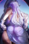  1girl adjusting_clothes adjusting_panties after_sex ass black_swan_(honkai:_star_rail) breasts commentary cum cum_in_clothes cum_in_pussy cum_through_clothes dress english_commentary from_behind gloves highres honkai:_star_rail honkai_(series) large_breasts long_hair nyeppu panties purple_dress purple_hair signature simple_background solo spotlight thighs topless_female underwear veil very_long_hair white_gloves 