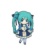  1girl ankle_strap aqua_eyes aqua_hair bell_sleeves black_outline blue_pantyhose blue_ribbon blue_shoes blue_sleeves blush breasts chibi chibi_only cleavage cleavage_cutout closed_mouth clothing_cutout curled_ends dress full_body game_asset hair_between_eyes hatsune_miku hatsune_miku_graphy_collection juliet_sleeves long_sleeves looking_at_viewer neck_ribbon outline overskirt pantyhose pom_pom_(clothes) puffy_sleeves ribbon shoes smile solo standing standing_on_one_leg striped_clothes striped_pantyhose transparent_background twintails vertical-striped_clothes vertical-striped_pantyhose vocaloid white_dress 