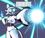 2025 4_fingers :3 anthro anthrofied arm_cannon arm_tattoo bellabot binary_code black_face blue_eyebrows blue_eyes blue_fingers blue_inner_ear blue_mouth blue_nose blue_pawpads breasts cel_shading cheek_tuft club_arms dialogue digital_media_(artwork) domestic_cat energy energy_ball energy_weapon eyebrows facial_tuft featureless_breasts featureless_crotch felid feline felis female fingers floating_fingers for_a_head gesture grey_background hand_gesture hi_res ka-t lmarkuzz machine mammal medium_breasts object_head pawpads pixel_(artwork) pointing pointing_up portrait pudu_robotics robot robot_anthro robot_joints screen screen_face screen_head segmented_body segmented_tail shaded simple_background small_eyebrows solo speech_bubble tail tattoo three-quarter_portrait tuft white_body