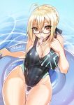  2018 ahoge artoria_pendragon_(all) ass_visible_through_thighs bespectacled black_swimsuit blonde_hair braid breasts celebration cleavage competition_swimsuit covered_nipples dated def_(chronowarld) fate/grand_order fate_(series) food food_in_mouth french_braid glasses hair_bun innertube large_breasts looking_at_viewer mouth_hold mysterious_heroine_x_(alter) one-piece_swimsuit partially_submerged popsicle signature sitting solo striped striped_swimsuit swimsuit thigh_gap vertical-striped_swimsuit vertical_stripes water yellow_eyes 
