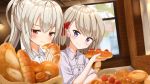  ame. ayanami_(azur_lane) azur_lane blush bow bread closed_mouth collared_shirt commentary_request croissant day dress_shirt food grey_shirt hair_bow head_tilt holding holding_food indoors light_brown_hair long_hair looking_at_viewer multiple_girls ponytail purple_eyes red_bow red_eyes shirt smile tree window z23_(azur_lane) 