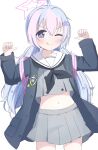  1girl :q absurdres black_neckerchief blue_archive blue_hair blush closed_mouth coat commentary cowboy_shot crop_top cropped_shirt grey_coat grey_serafuku grey_shirt grey_skirt hair_ornament halo highres hina_chan long_hair looking_at_viewer low_twintails midriff miniskirt multicolored_hair navel neckerchief one_eye_closed open_clothes open_coat pink_hair pleated_skirt purple_eyes purple_halo reisa_(blue_archive) sailor_collar school_uniform serafuku shirt simple_background skirt smile solo standing star_(symbol) star_hair_ornament star_halo straight_hair tongue tongue_out twintails two-tone_hair v-shaped_eyebrows very_long_hair white_background white_sailor_collar 