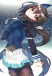  1girl absurdres admire_vega_(starry_nocturne)_(umamusume) admire_vega_(umamusume) animal_ears black_pantyhose blue_shirt blush breasts brown_hair commentary_request ear_covers hair_between_eyes highres horse_ears horse_girl horse_tail long_hair long_sleeves looking_at_viewer medium_breasts misonikomi necktie pantyhose parted_lips ponytail prototype_design purple_eyes shirt single_ear_cover skirt solo tail thigh_strap umamusume white_necktie white_skirt 