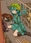  3girls alternate_costume alternate_headwear bespectacled blue_eyes blue_hair boots brown_boots brown_choker chinese_commentary choker closed_mouth commentary_request fold-over_boots gears glasses gloves green_gloves green_hat green_shirt green_skirt hat highres holding holding_wrench kawashiro_nitori key key_choker kirisame_marisa lace-up_boots looking_at_viewer multiple_girls puffy_short_sleeves puffy_sleeves reiuji_utsuho shirt short_sleeves sitting skirt solo_focus steampunk touhou wariza wrench yazato_ichimushi yellow-framed_eyewear 
