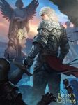  armor back bird brown_hair cloud copyright_name faceless faceless_male gloves helmet holding holding_sword holding_weapon left-handed legend_of_the_cryptids lius_lasahido long_hair male_focus official_art sky snow solo_focus statue sword weapon white_hair 