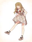  1girl :d ^_^ blush brown_dress brown_hair brown_sandals closed_eyes collared_dress commentary_request dress full_body highres idolmaster idolmaster_million_live! long_hair miyao_miya neck_ribbon plaid_clothes plaid_dress puffy_short_sleeves puffy_sleeves red_ribbon ribbon sandals short_sleeves smile solo standing standing_on_one_leg thick_eyebrows uccow 