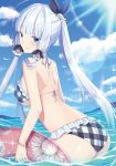  alternate_costume ass azur_lane bangs bare_shoulders bikini bird blue_eyes blush bracelet breasts commentary_request day eyebrows_visible_through_hair flower hair_flower hair_ornament hair_ribbon holding holding_innertube illustrious_(azur_lane) innertube izumo_neru jewelry large_breasts long_hair looking_at_viewer looking_back mole mole_under_eye ocean outdoors plaid plaid_bikini ponytail ribbon shoulder_blades sidelocks smile solo sparkle sunlight swimsuit tress_ribbon wading white_hair 