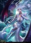  artist_name breasts cleavage cloud copyright_name dragon feathers green_eyes legend_of_the_cryptids long_hair moon nail_polish night night_sky official_art sandals sky solo sparkle star_(sky) tatiana_kirgetova teeth water white_hair 