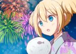  :o aerial_fireworks ahoge animal_print bangs blonde_hair blue_eyes blue_kimono blush chijou_noko chikanoko commentary_request eyebrows_visible_through_hair fan fireworks fish_print floral_print hair_between_eyes japanese_clothes kimono night night_sky open_mouth outdoors paper_fan polka_dot polka_dot_kimono print_kimono ragho_no_erika short_twintails sidelocks sky solo star_(sky) starry_sky twintails uchiwa unmoving_pattern 